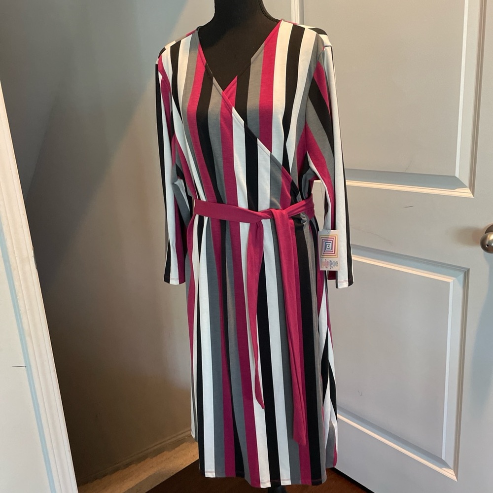 Lula Roe Wrap Dress MultiColor Striped Dress Size L Timeless OfficeWear Classic